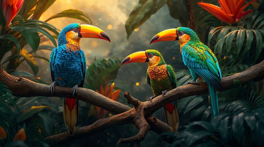 Exotic tropical birds with vibrant plumage in shaded area