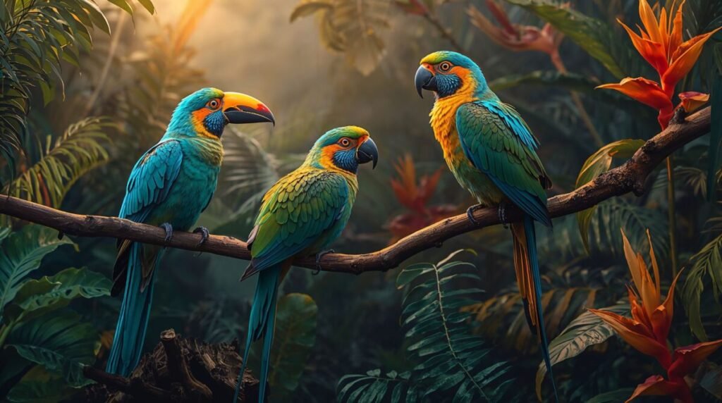 Exotic tropical birds with vibrant plumage in the shade