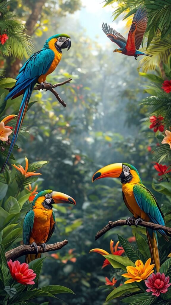 Exotic tropical birds with vibrant plumage, vertical