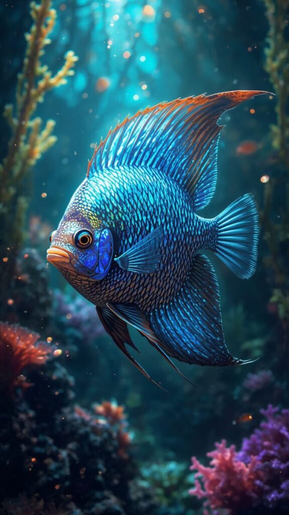 Fantasy deep-sea fish with bioluminescent and glowing iridescent scales