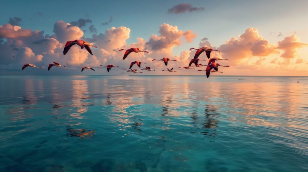 Vibrant pink feathered flamingos