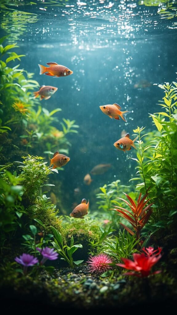 Aquarium scene featuring a fish with shimmering, iridescent scales