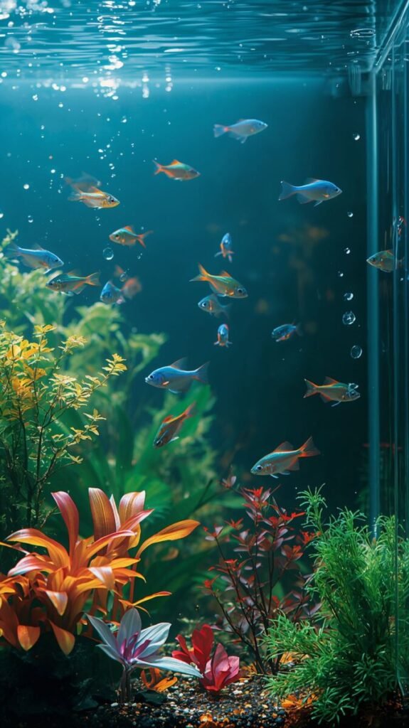 Exotic freshwater fish with iridescent scales, a beautiful aquarium photo