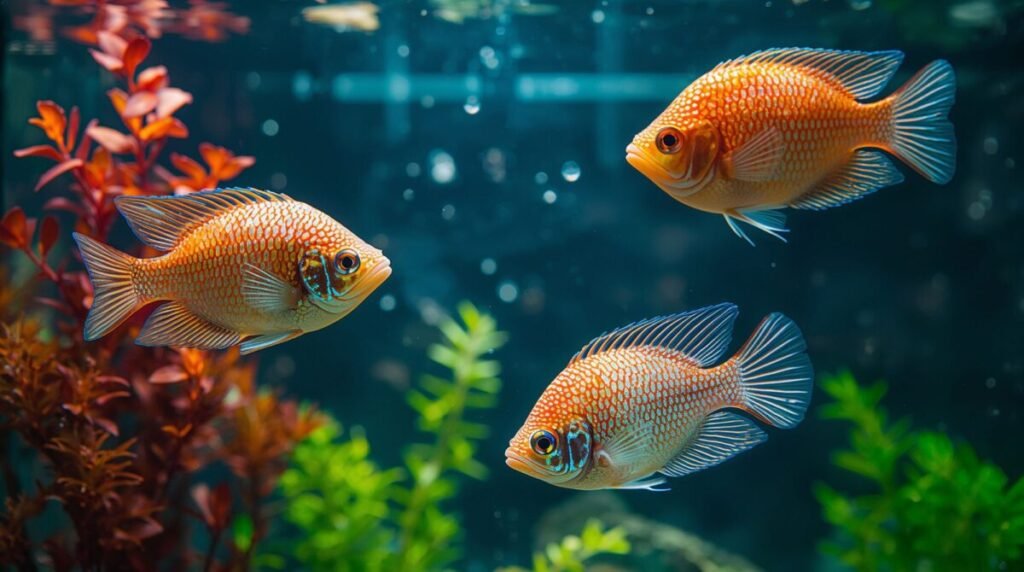 Vibrant freshwater aquarium fish with colorful iridescent scales swimming