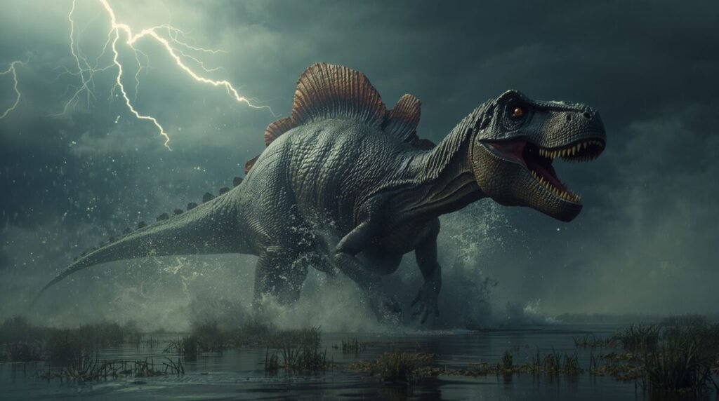 Gigantic Spinosaurus Emerging from a Murky Swamp