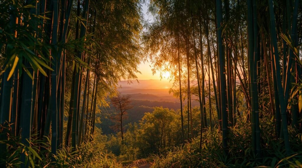 Golden Sunset Bamboo Forest Golden bamboo forest during sunset with warm orange light