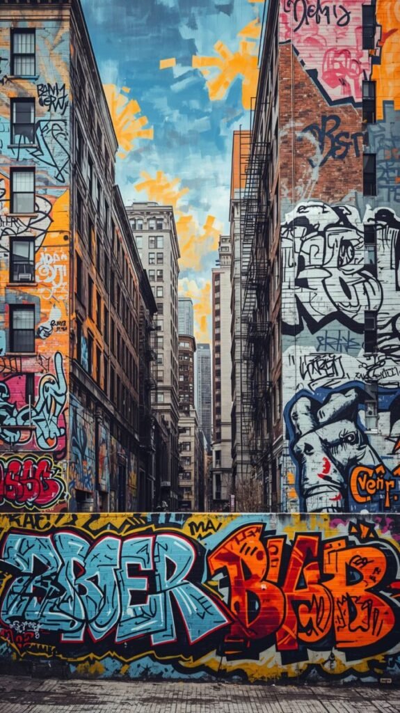 Graffiti Cityscape Mural with Multistory Buildings