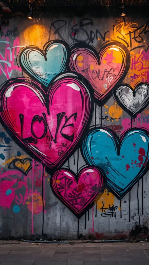 Graffiti Love Theme Mural with Vibrant Hearts