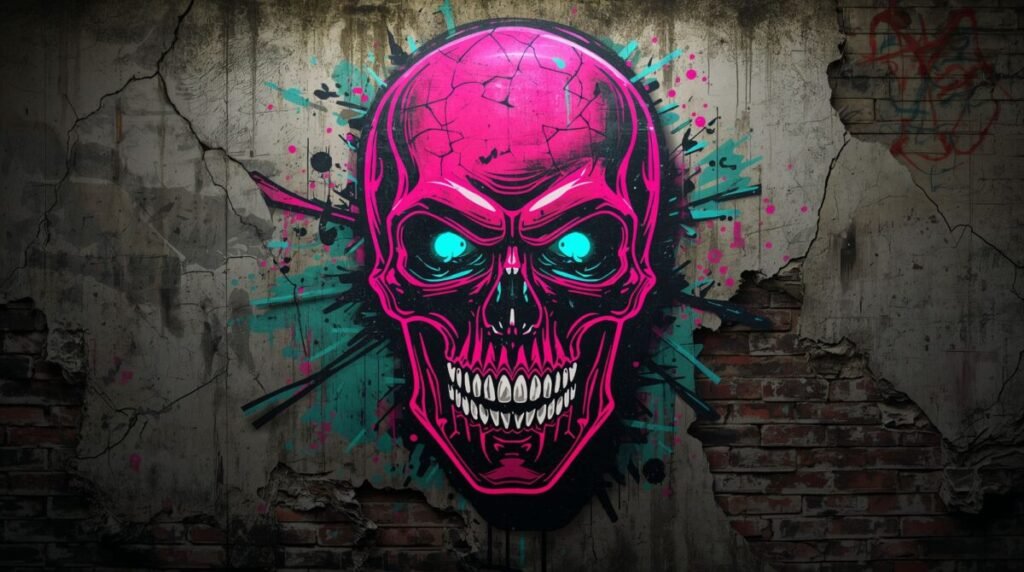 Neon Pink and Blue Skull Graffiti