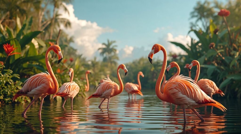 Vibrant group of flamingos in nature