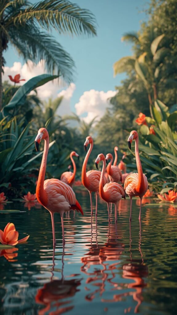 Group of flamingos vertical phone wallpaper