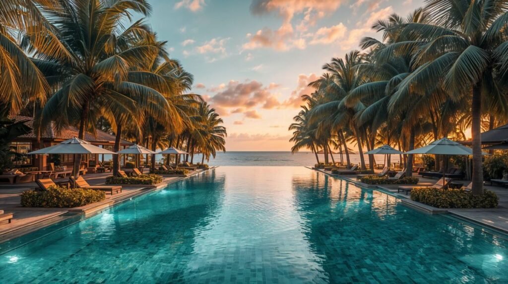 Luxury tropical resort landscape with tall swaying palm trees