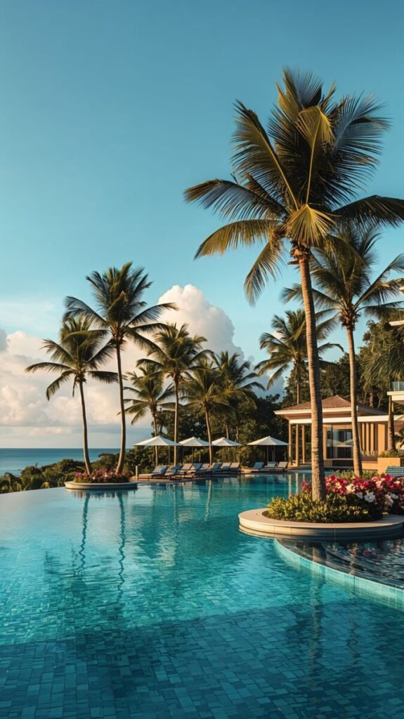 Aesthetic tall slender palm trees at a luxury vacation resort