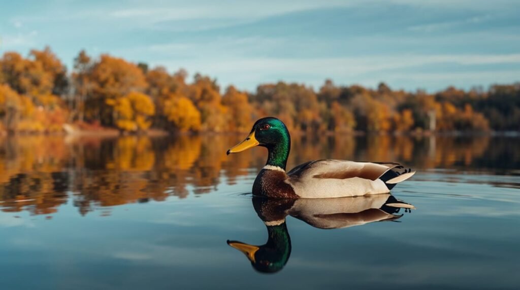 Majestic Mallard duck with a vibrant green head and striking blue wing patch