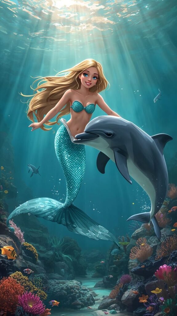 Mermaid with long golden hair and shimmering tail