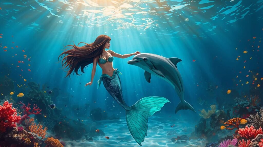 Mermaid with long flowing dark hair and blue water