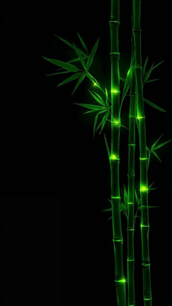 Glowing Green Bamboo Phone Wallpaper Minimal black background with glowing green bamboo stalks