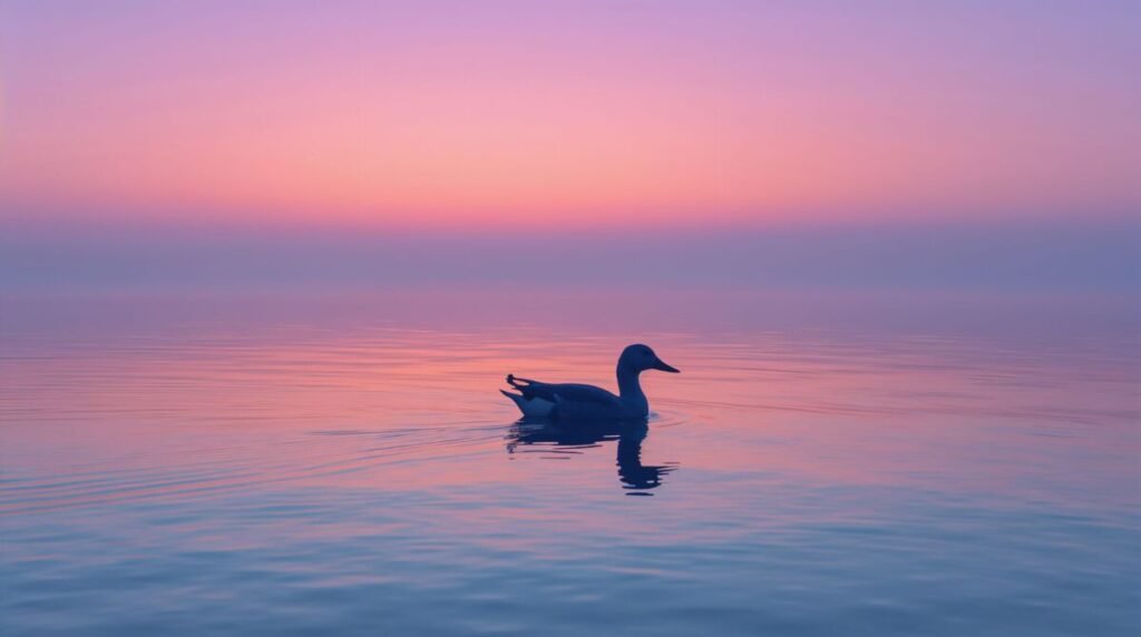 Minimalist duck silhouette with delicate feather detailing against a sunset
