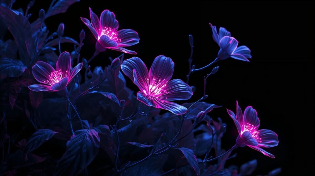 Intricate neon floral patterns on dark background