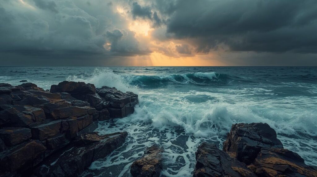 Dark moody coastal landscape with turquoise ocean waves