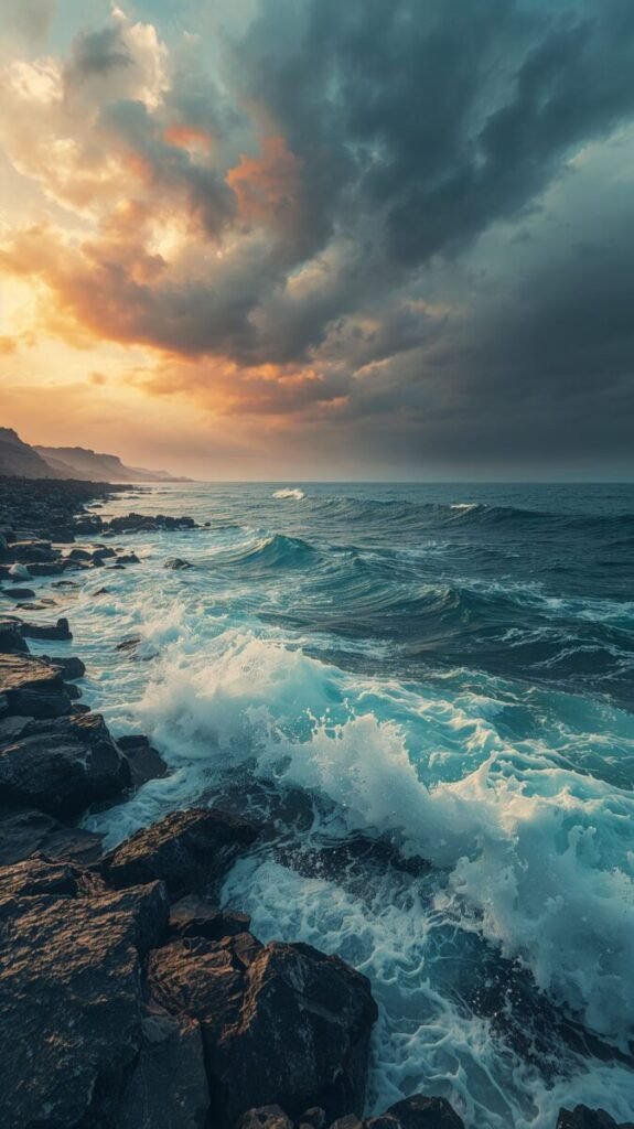 Moody coastal wallpaper with powerful turquoise waves