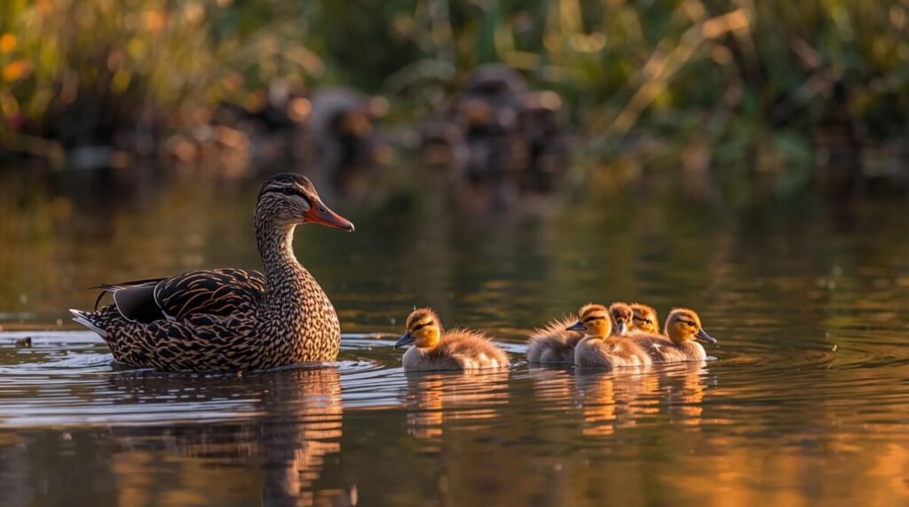 Mother Duck with shiny brown feathers and bright eyes on water