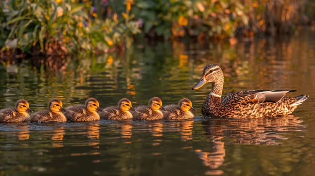 Mother Duck resting with shiny brown plumage and bright eyes