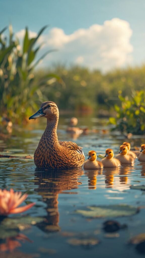 Portrait of a Mother Duck with soft brown feathers and a gentle expression