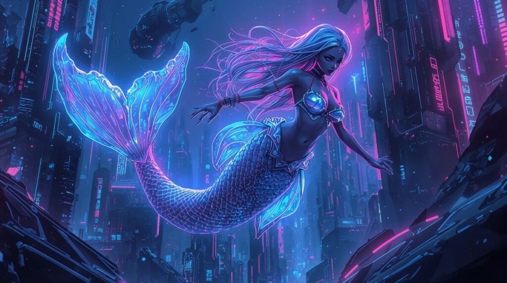 Neon cyberpunk mermaid with iridescent glowing scales