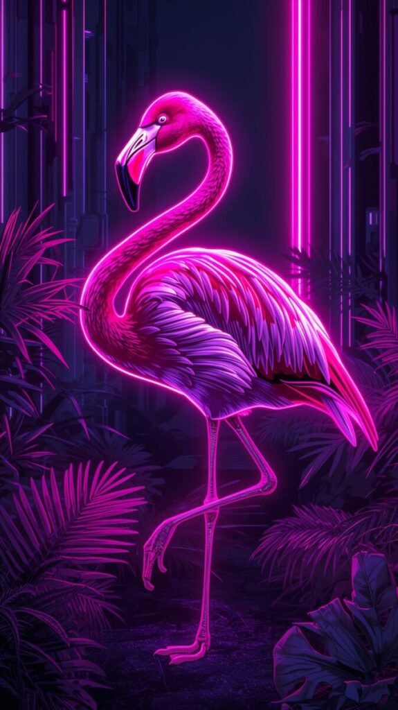 Neon glowing pink flamingo mobile wallpaper