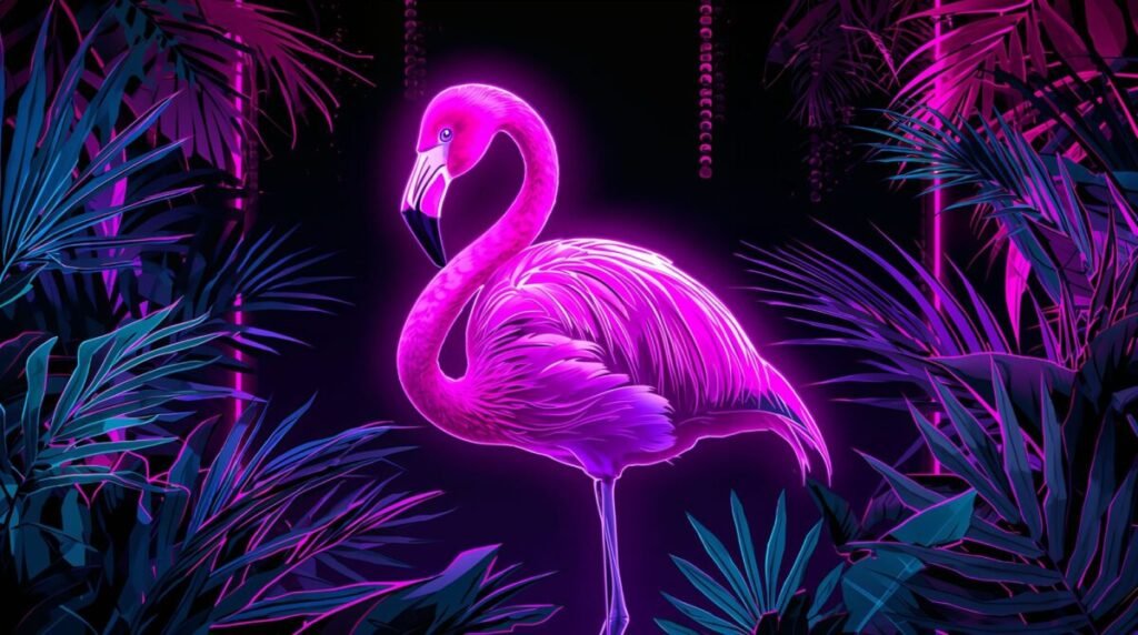 Neon flamingo glowing illustration at night