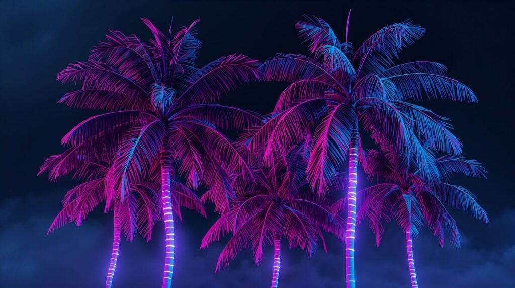 Vibrant neon purple and blue palm tree art