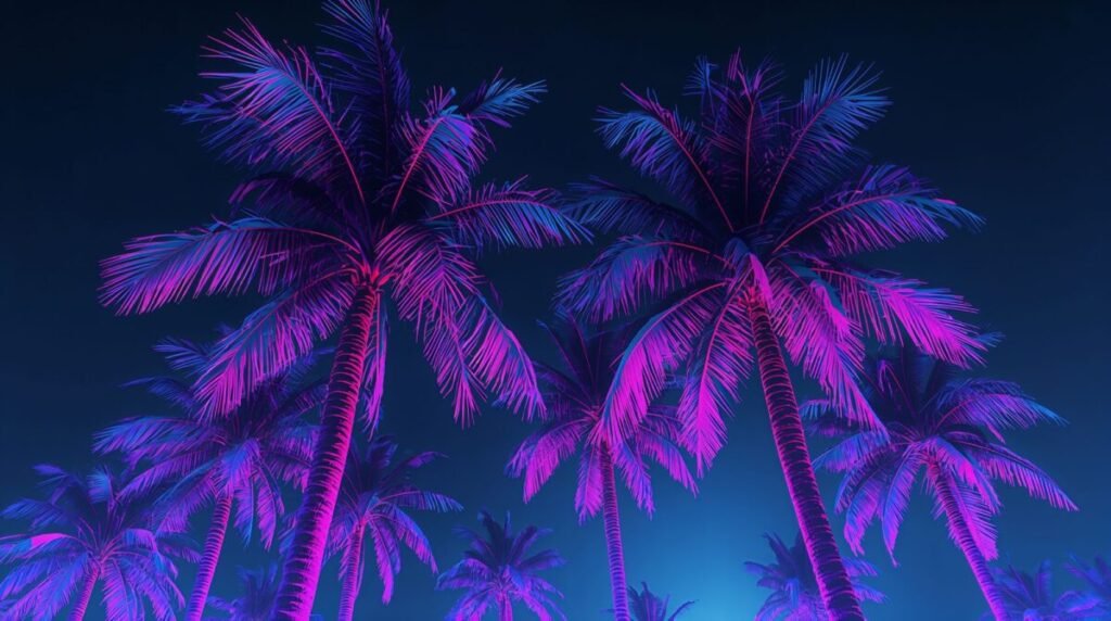 Glowing neon palm tree silhouettes tropical night vibes
