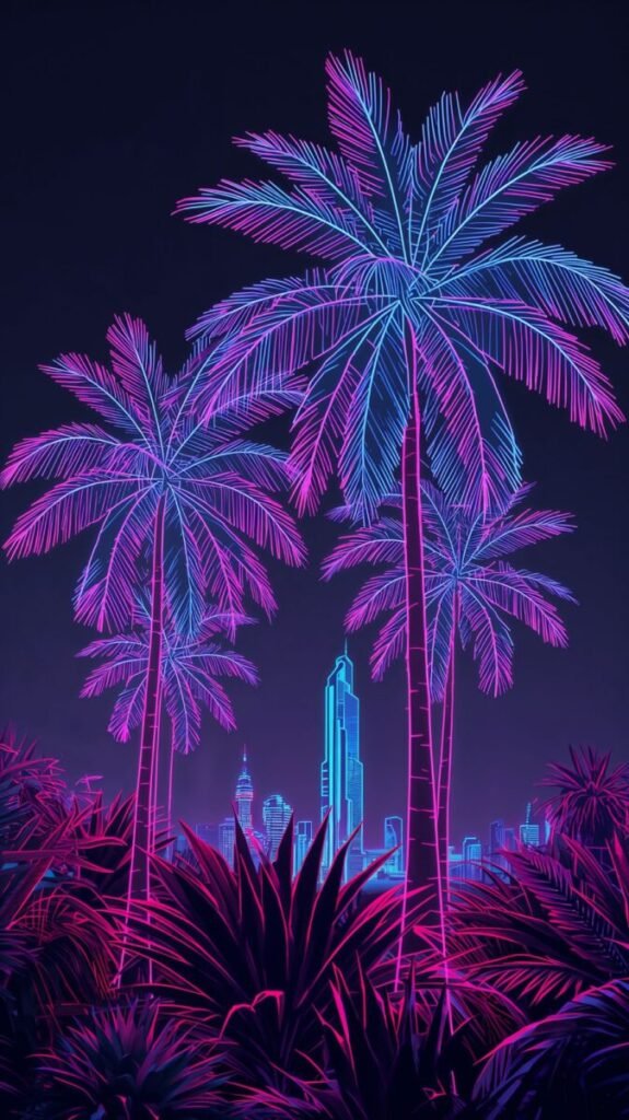 Neon style palm trees with glowing outlines at night