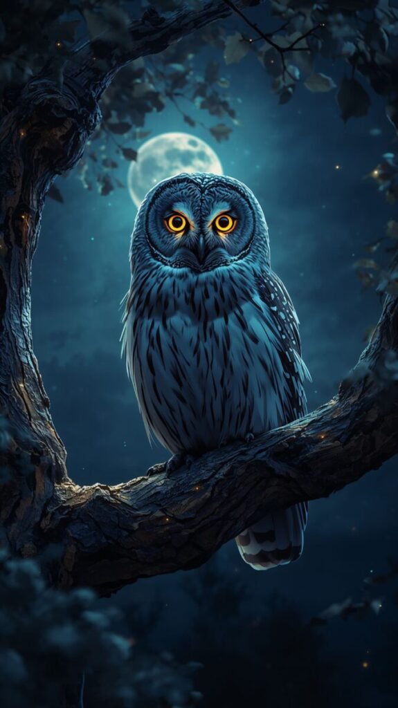 Night Owl perched on a tree branch, vertical wallpaper
