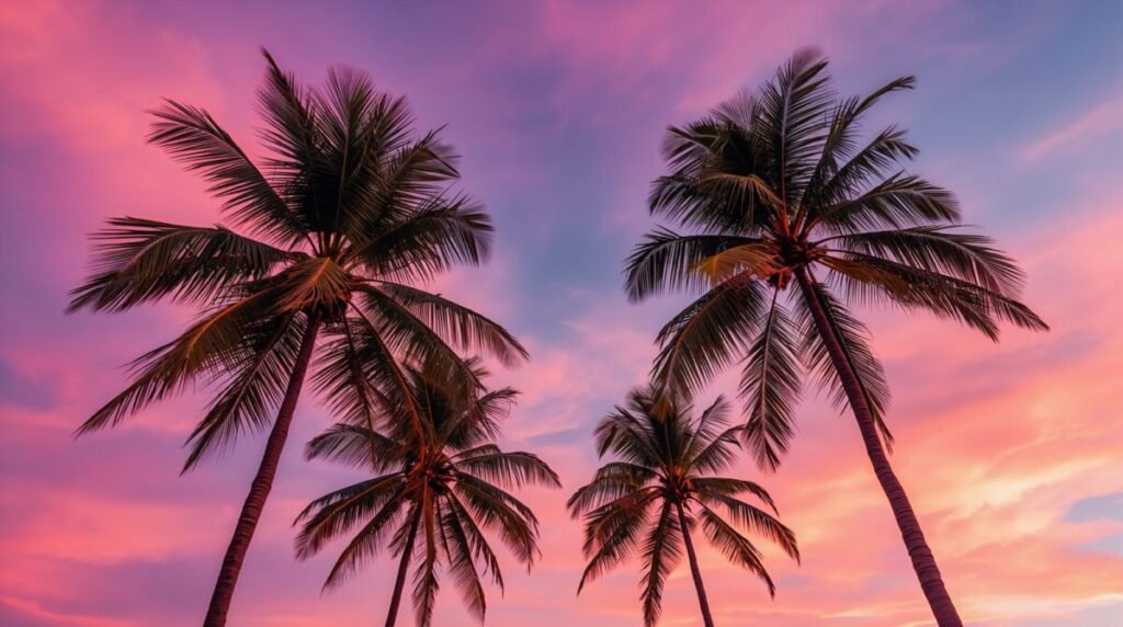 Detailed feathery green palm tree leaves against a clear sky