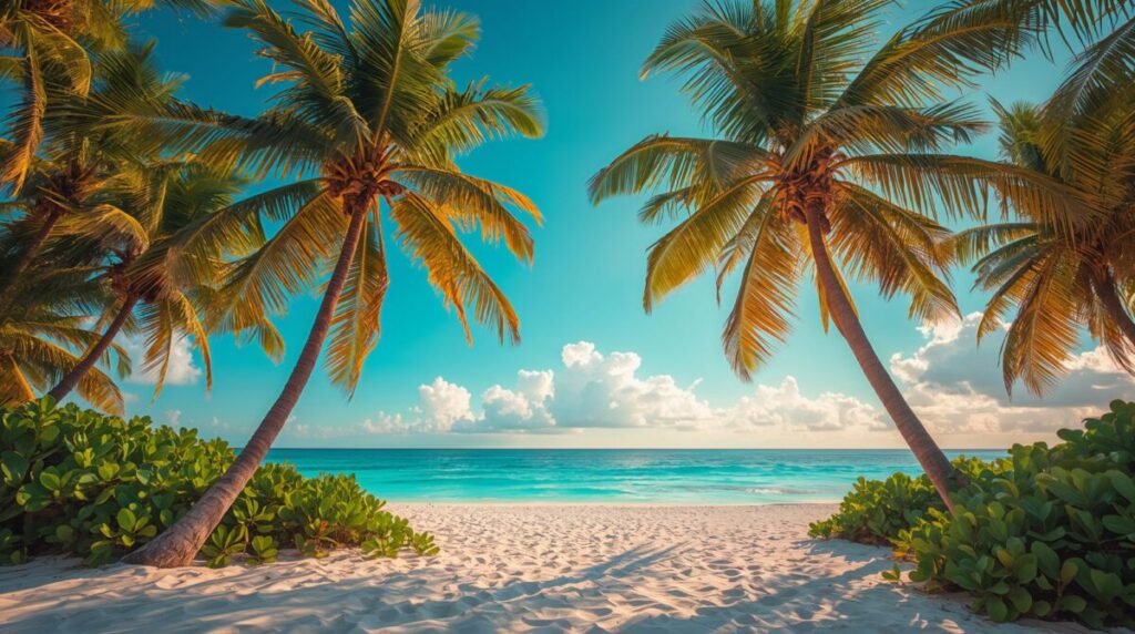Tall palm trees with slender trunks against blue sky