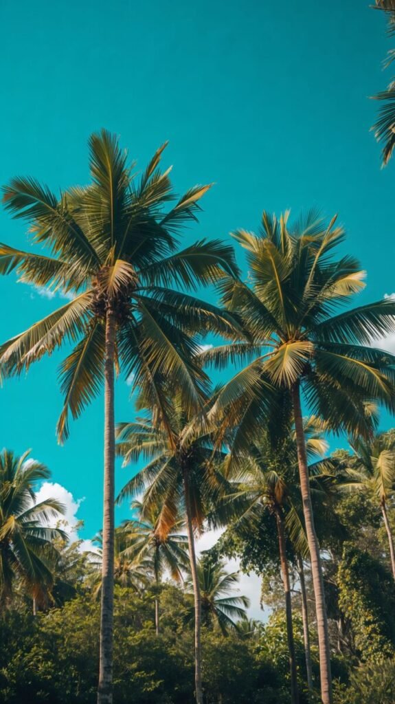 Large green tropical palm leaves close-up background