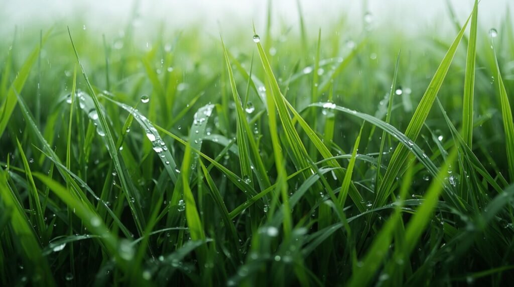 Photorealistic grass with large rain drops