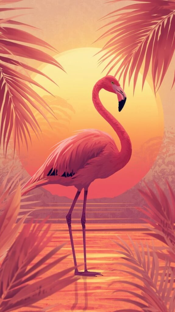 Pink flamingo silhouette with delicate feathers portrait