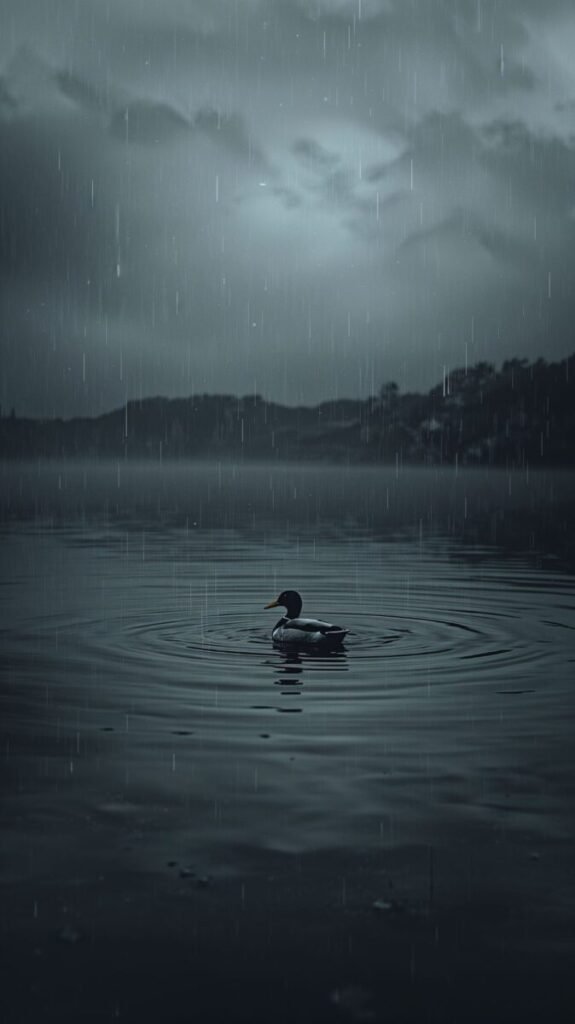 Rainy day lake scene with a lone duck creating soft ripples on the water