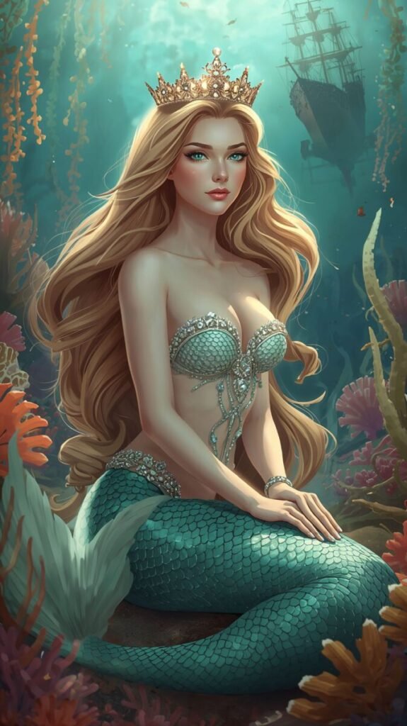 Royal mermaid queen with long golden hair
