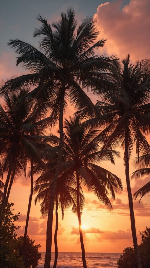 Tropical paradise with slender palm trees background