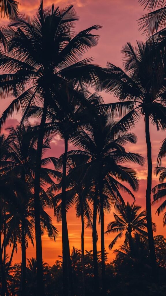 Collection of tall slender palm trees in a row