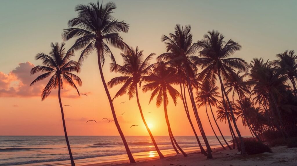 Sunlight shining through feathery palm tree leaves