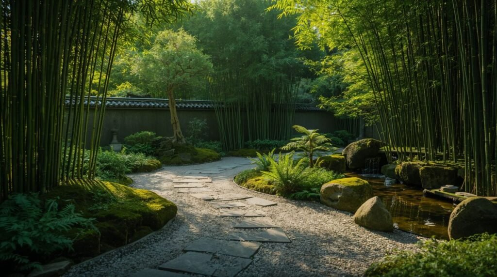 Zen Bamboo Forest Landscape Lush green Japanese Zen garden landscape with bamboo