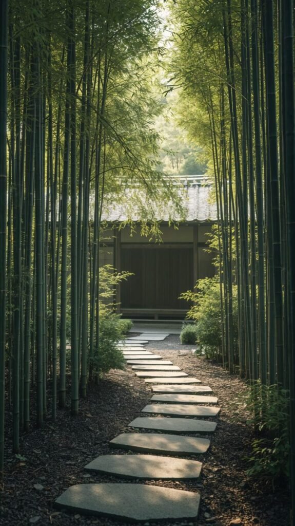 Japanese Zen Bamboo Garden Traditional Japanese Zen garden with tall bamboo