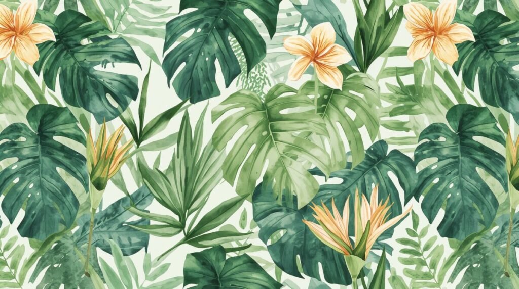 Tropical Green Floral Wallpaper with Large Leaves