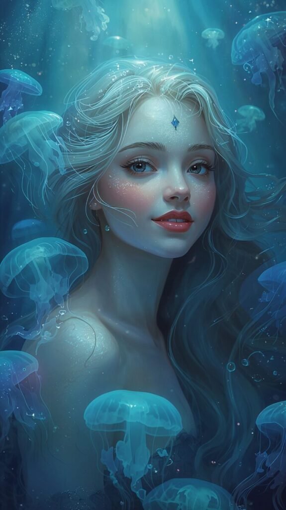 Blue aesthetic mermaid portrait underwater