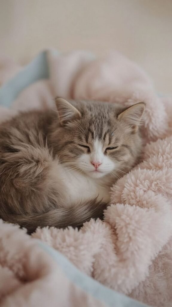 Adorable sleeping cat with fluffy gray and white fur